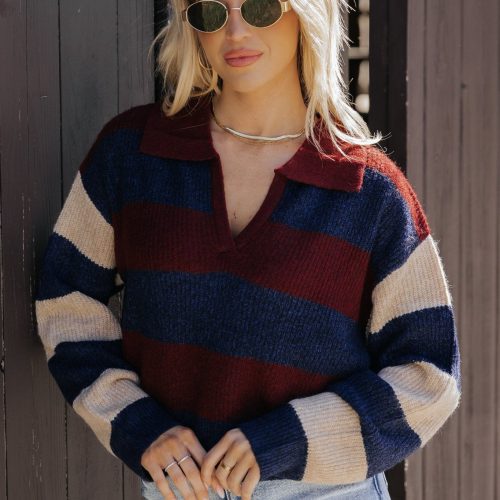 burgundy multi striped pullover sweater 685663