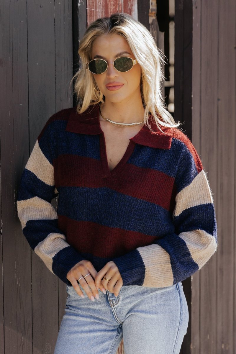 burgundy multi striped pullover sweater 685663