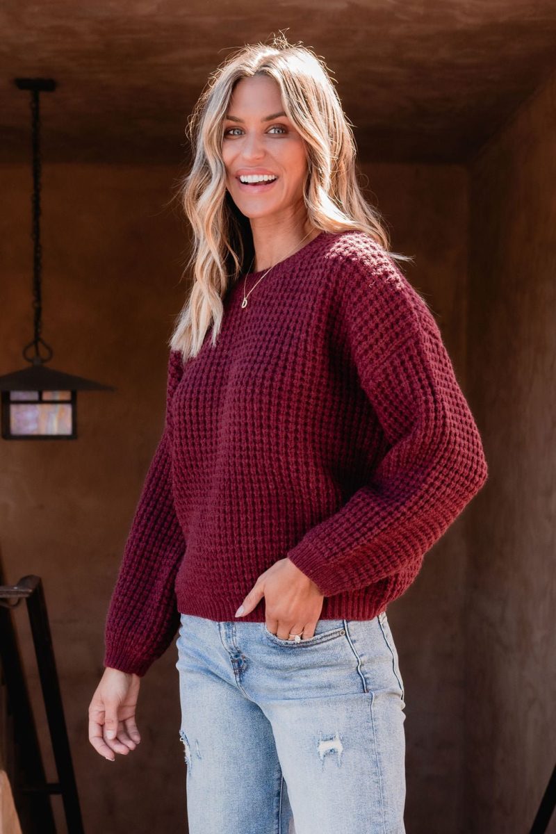 burgundy ribbed waffle knit sweater 197479