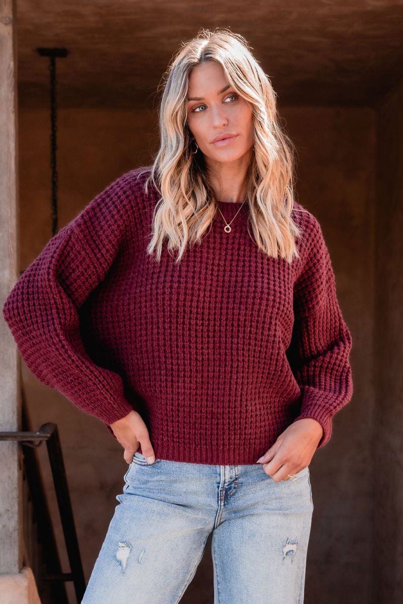 burgundy ribbed waffle knit sweater 614208