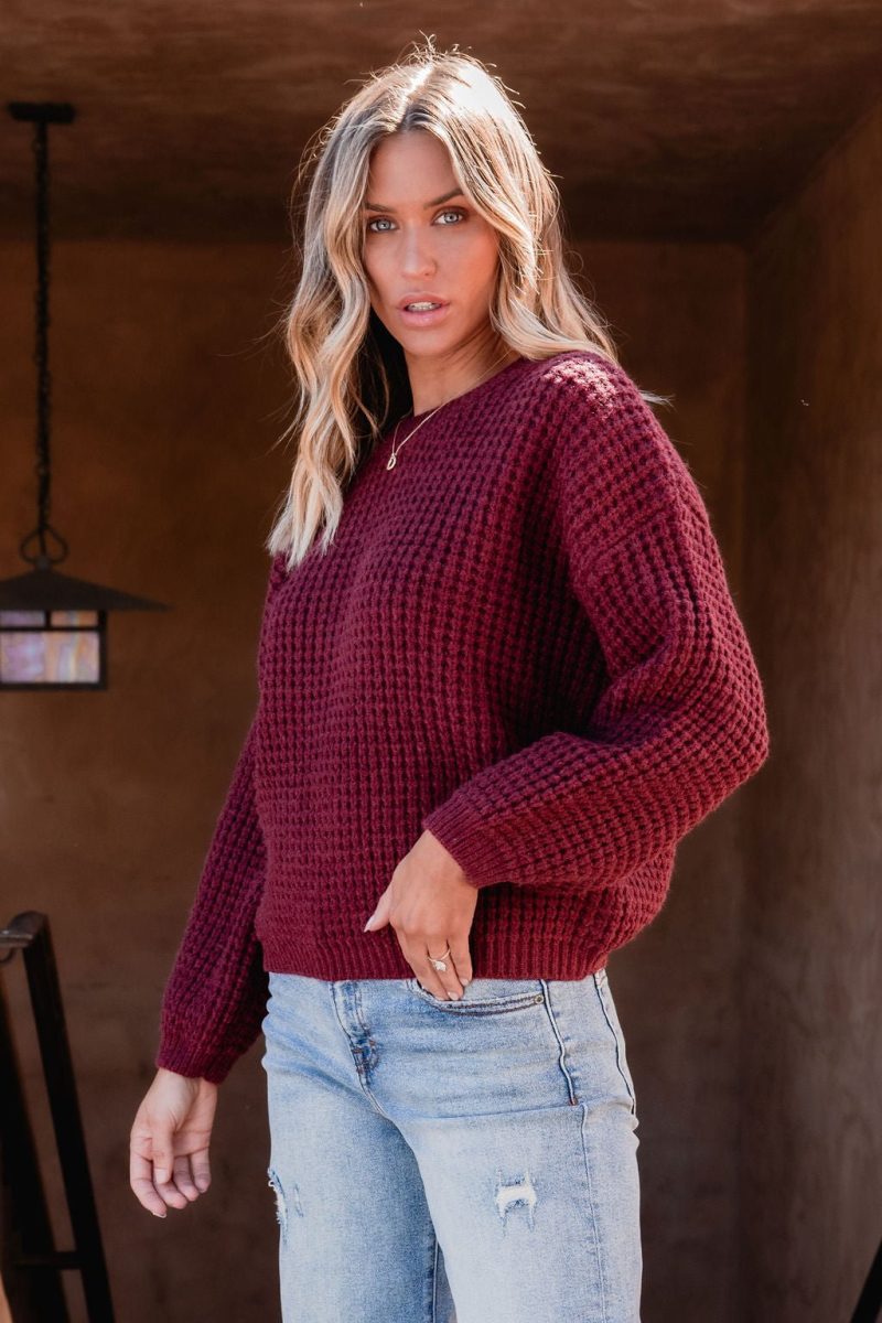 burgundy ribbed waffle knit sweater 727042