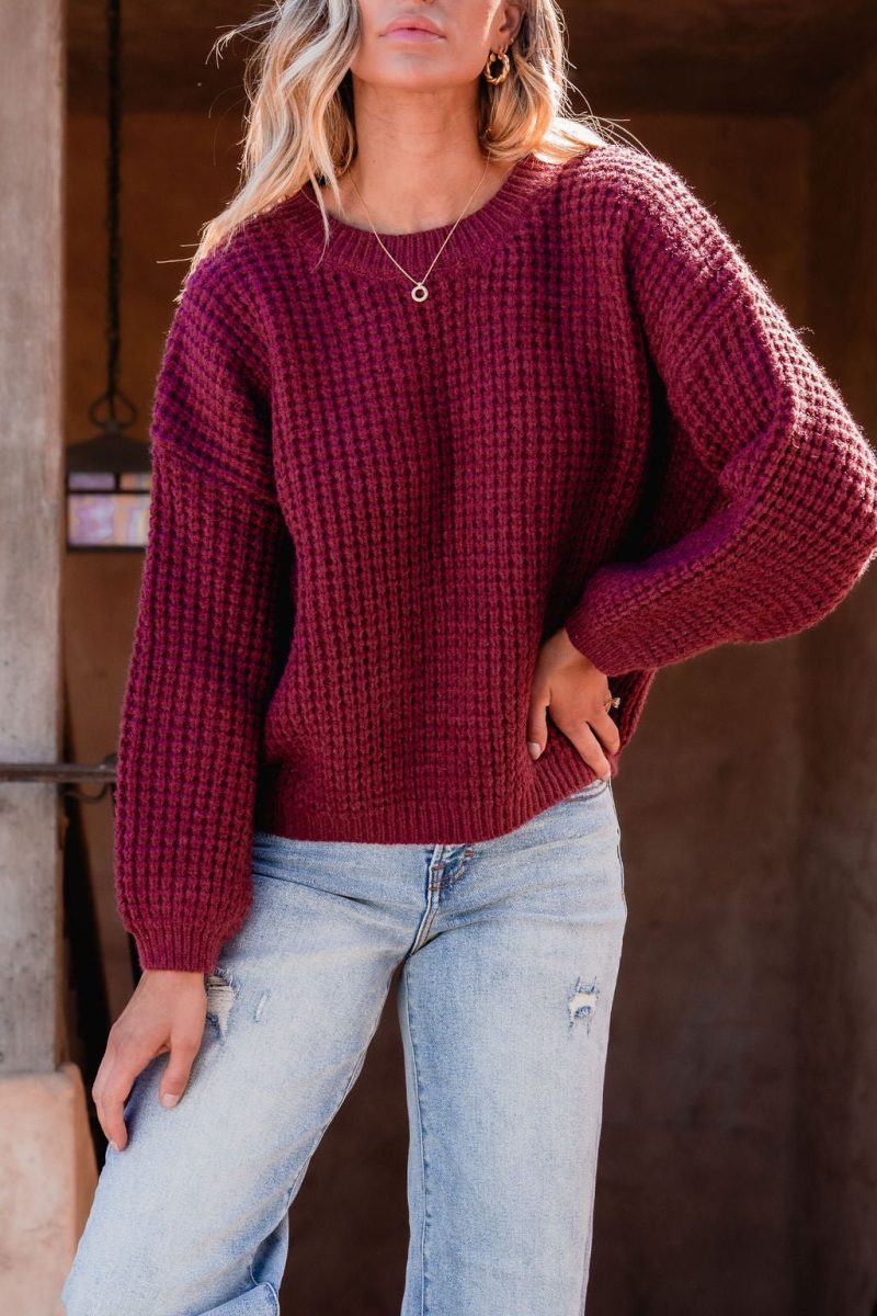 burgundy ribbed waffle knit sweater 757261