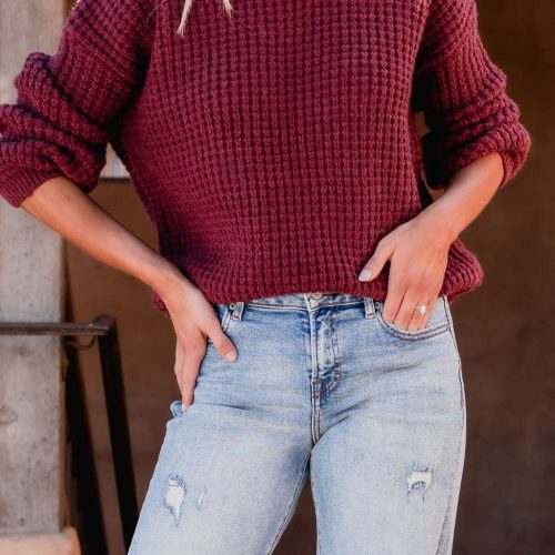 burgundy ribbed waffle knit sweater 800689