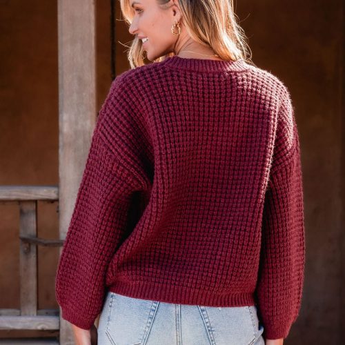 burgundy ribbed waffle knit sweater 850123