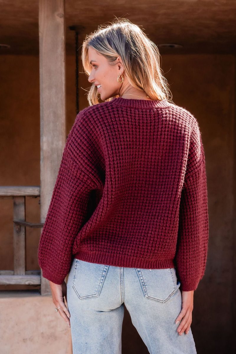 burgundy ribbed waffle knit sweater 850123