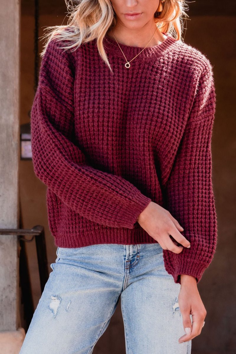 burgundy ribbed waffle knit sweater 929806