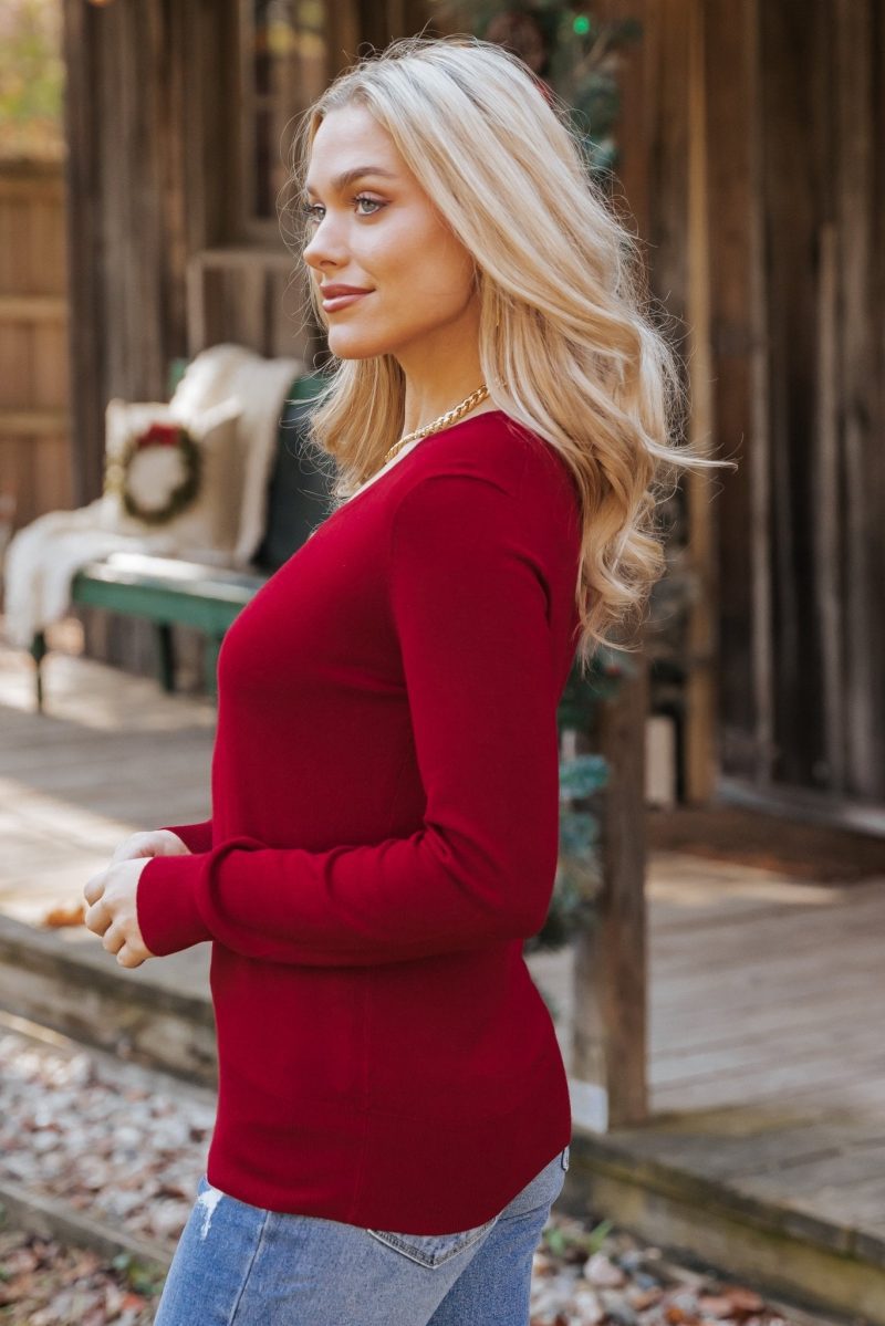 burgundy soft v neck sweater 709046