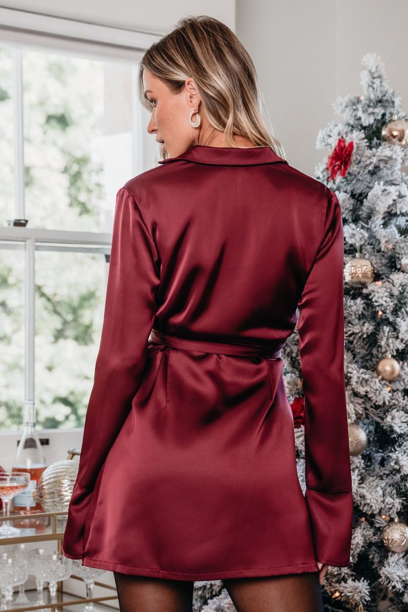 burgundy wrap satin mini dress 411956