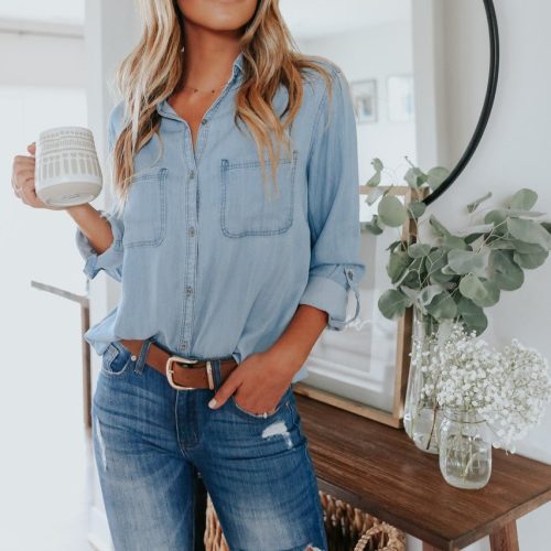 button down light wash chambray top 257050