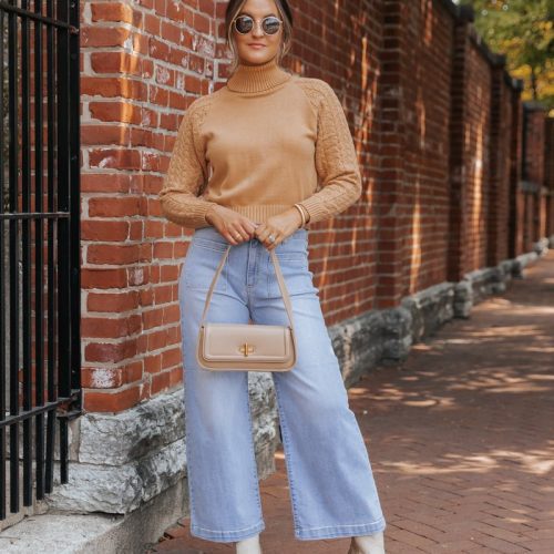 camel cable knit sleeve turtleneck sweater 244738