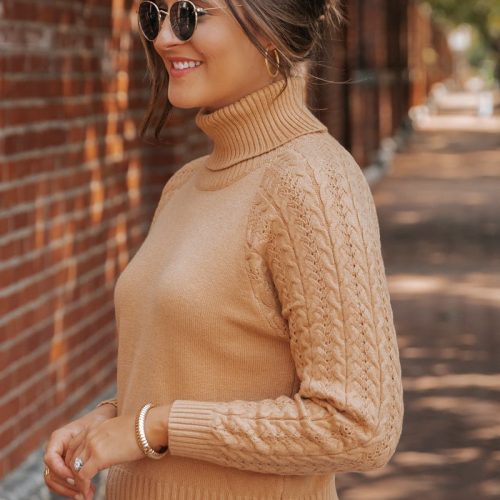 camel cable knit sleeve turtleneck sweater 257339