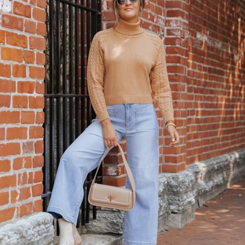 camel cable knit sleeve turtleneck sweater 332257