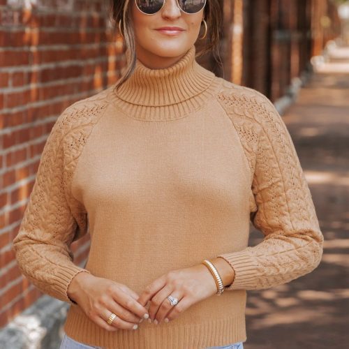 camel cable knit sleeve turtleneck sweater 391521