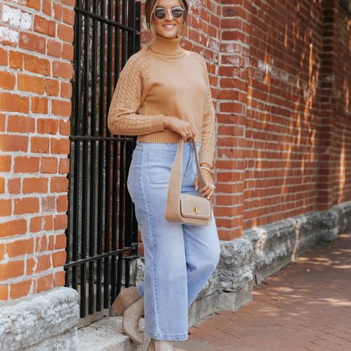 camel cable knit sleeve turtleneck sweater 624981