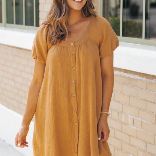 camel puff sleeve button down mini dress 264086