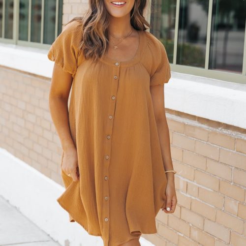 camel puff sleeve button down mini dress 366592