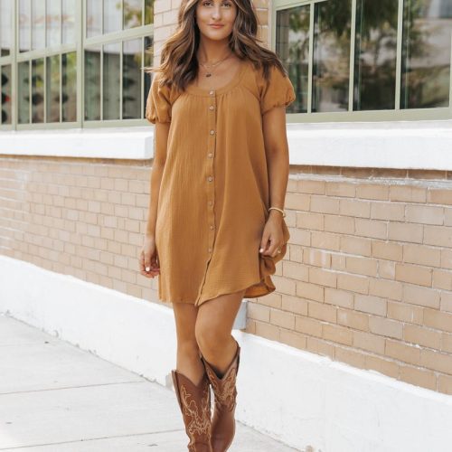 camel puff sleeve button down mini dress 394343