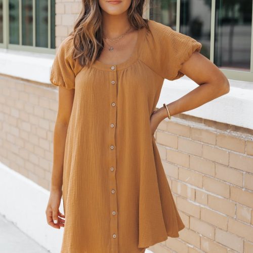 camel puff sleeve button down mini dress 395491