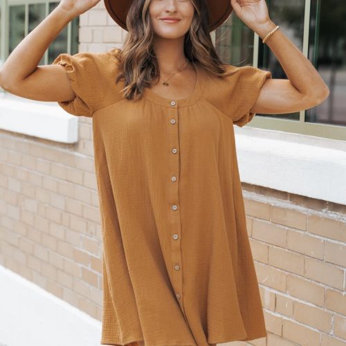 camel puff sleeve button down mini dress 770537