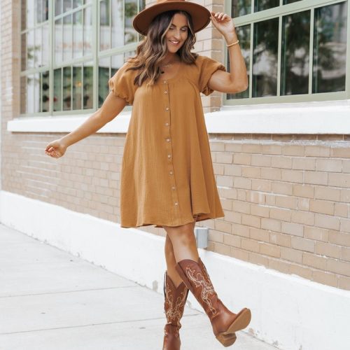 camel puff sleeve button down mini dress 858230