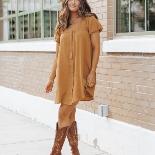 camel puff sleeve button down mini dress 881265