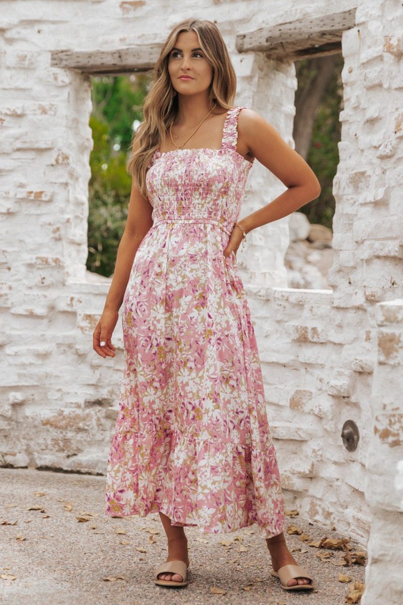 caribbean pink floral smocked maxi dress 288784