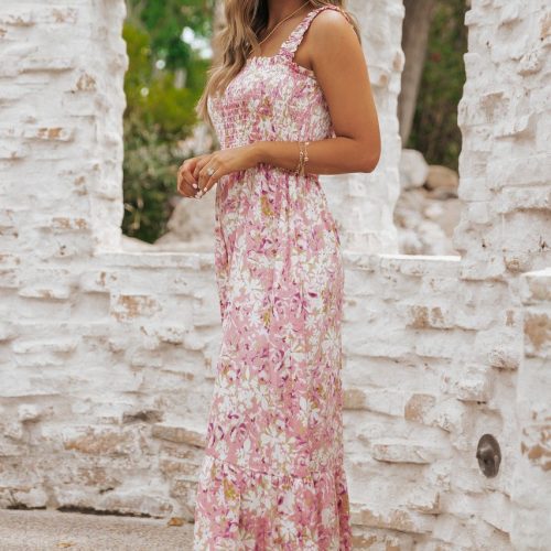 caribbean pink floral smocked maxi dress 574687