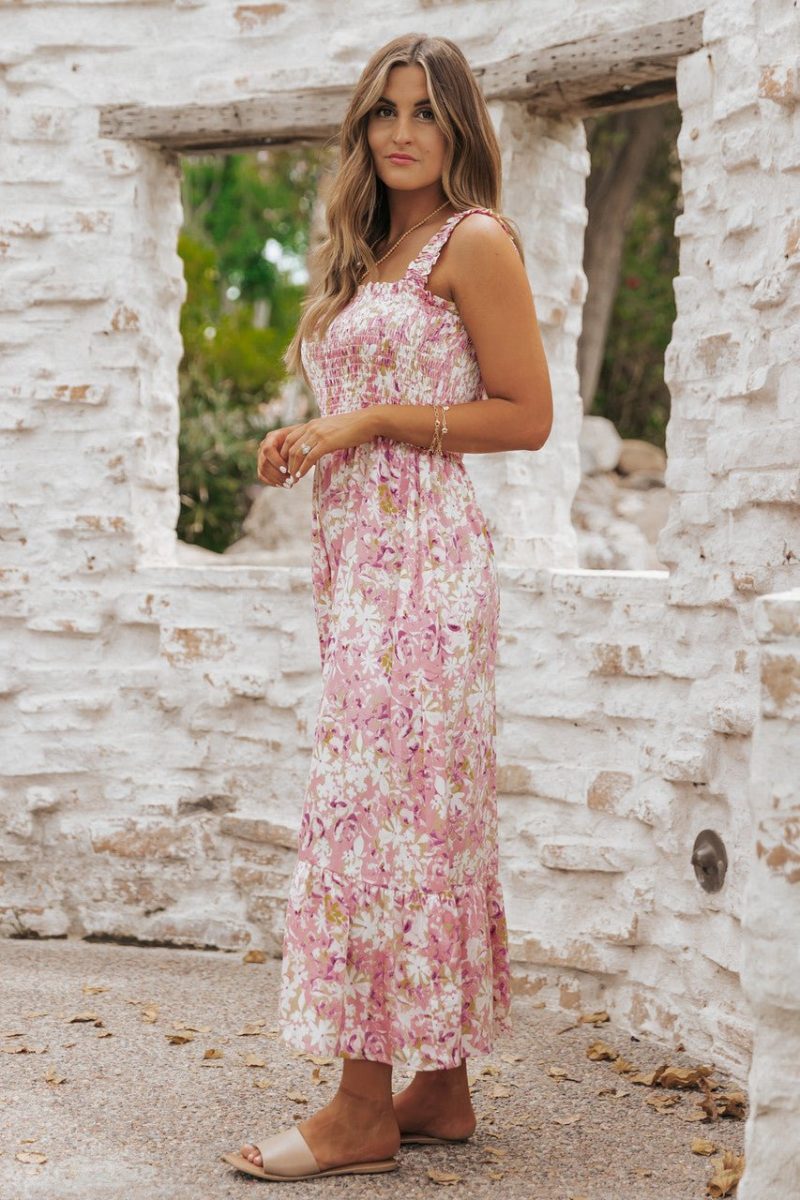 caribbean pink floral smocked maxi dress 574687