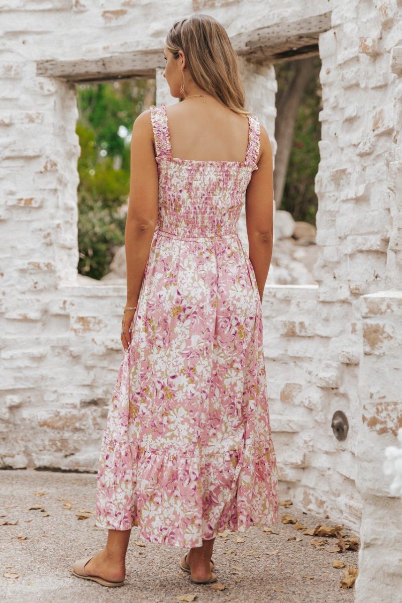 caribbean pink floral smocked maxi dress 588994