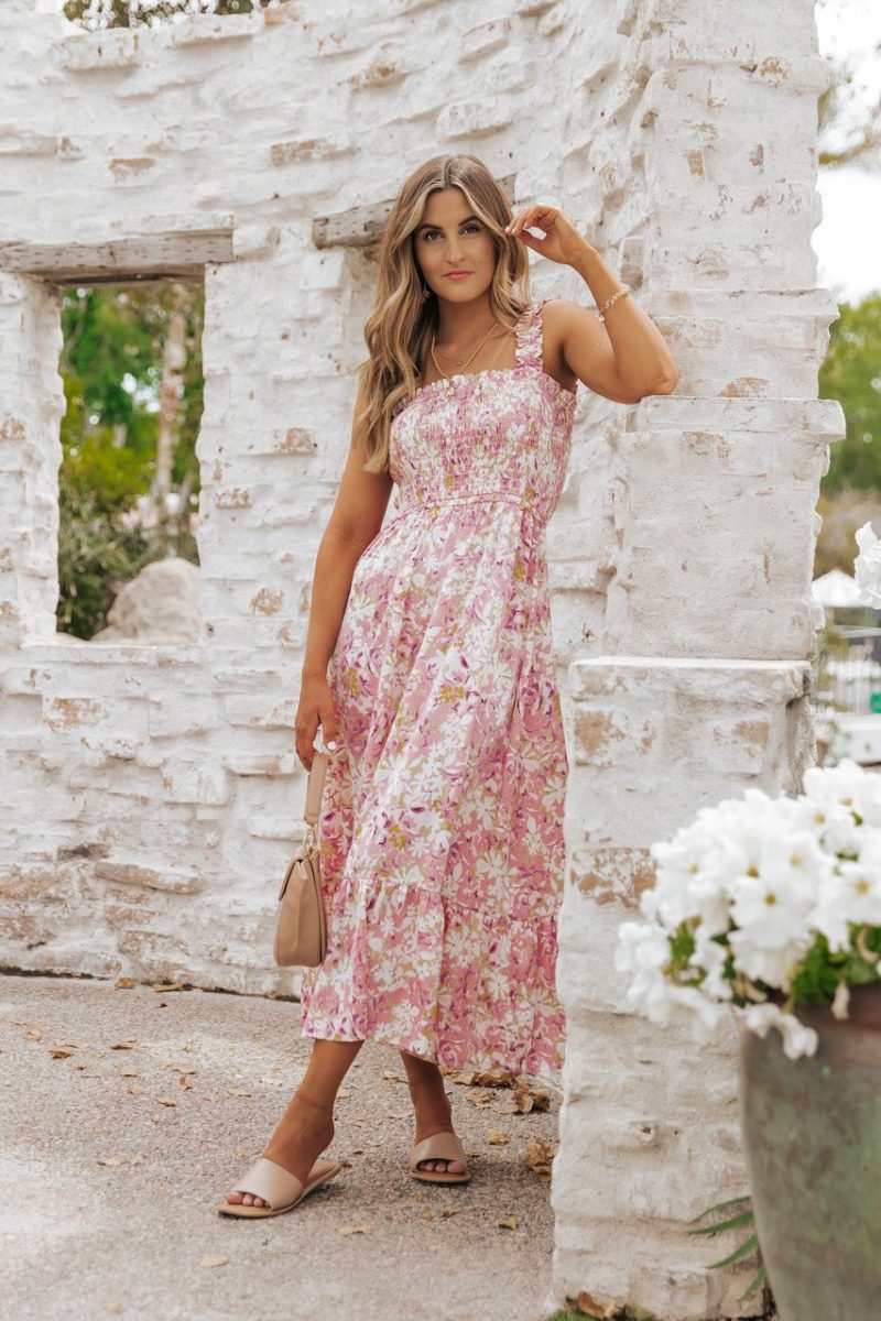 caribbean pink floral smocked maxi dress 930297