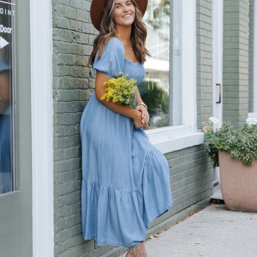 chambray puff sleeve tiered midi dress 287755