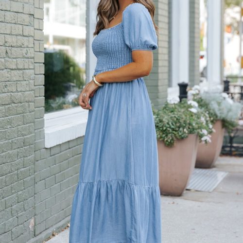 chambray puff sleeve tiered midi dress 494174