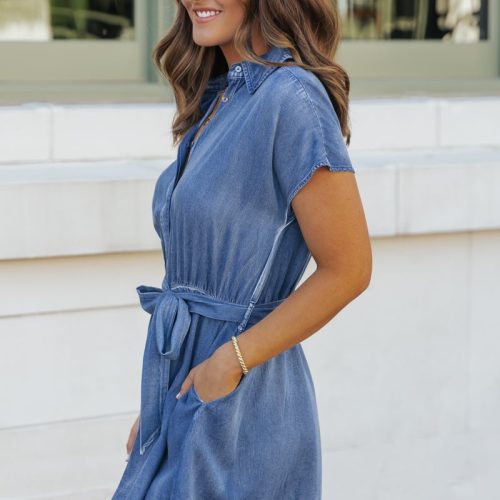 chambray short sleeve waist tie romper 181173