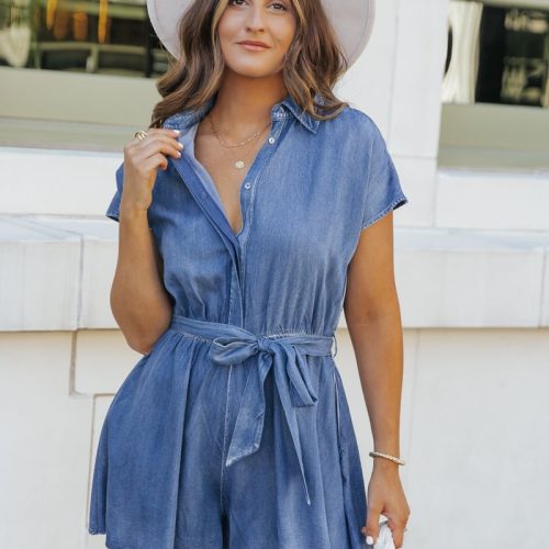 chambray short sleeve waist tie romper 386004