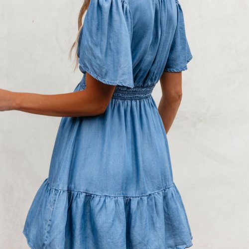 chambray split neck smocked mini dress 101586