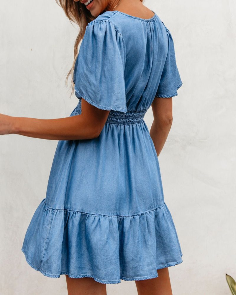 chambray split neck smocked mini dress 101586