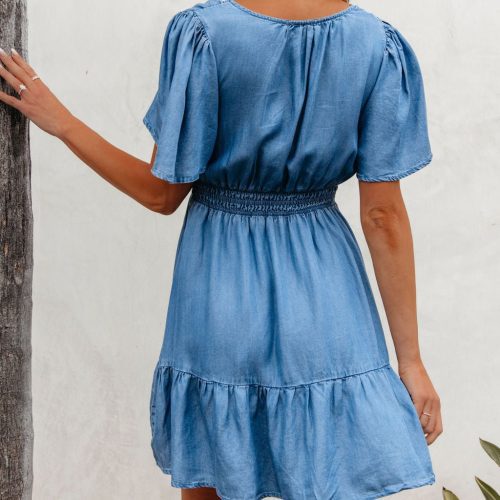 chambray split neck smocked mini dress 445350