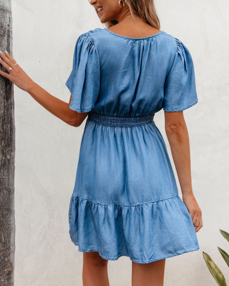 chambray split neck smocked mini dress 445350