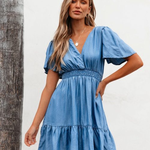 chambray split neck smocked mini dress 758895