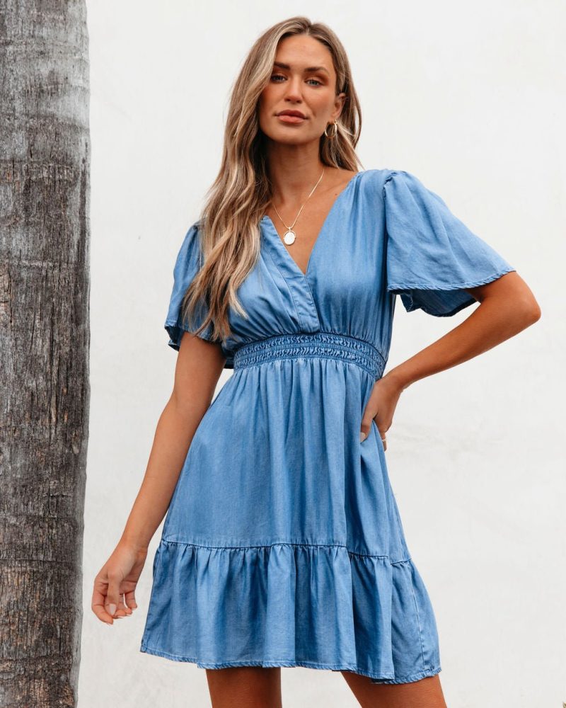 chambray split neck smocked mini dress 758895