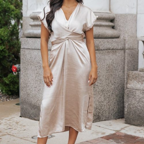 champagne satin wrap midi dress 509864