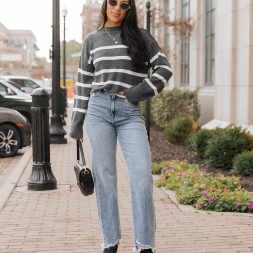 charcoal and cream striped pullover sweater 217000