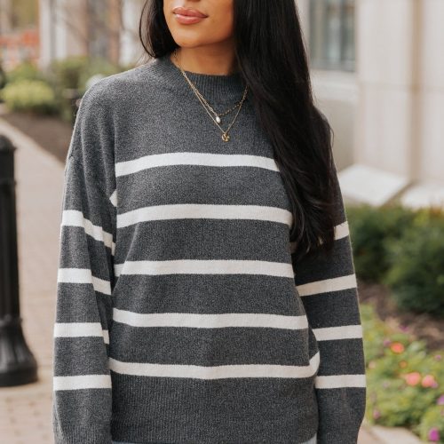 charcoal and cream striped pullover sweater 680367