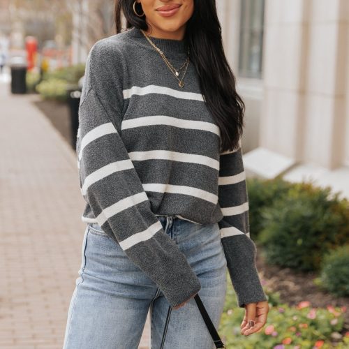 charcoal and cream striped pullover sweater 782557