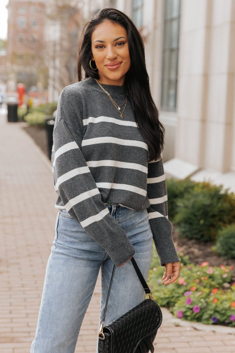 charcoal and cream striped pullover sweater 782557