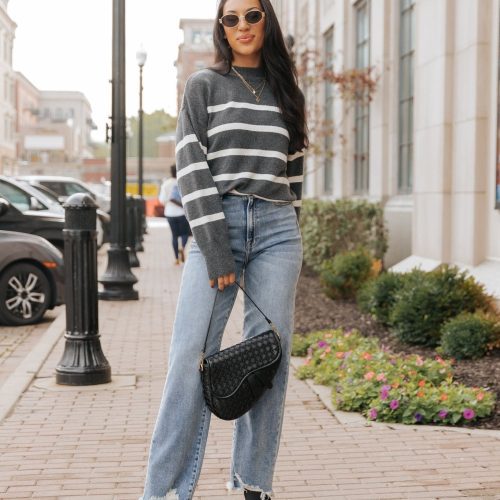 charcoal and cream striped pullover sweater 788915