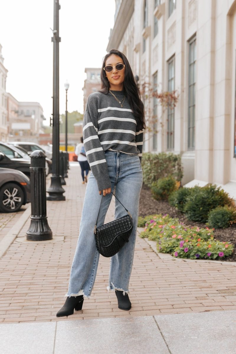 charcoal and cream striped pullover sweater 788915