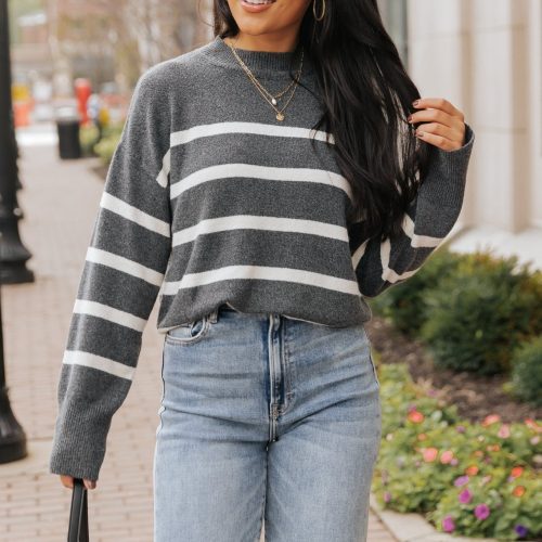 charcoal and cream striped pullover sweater 865793