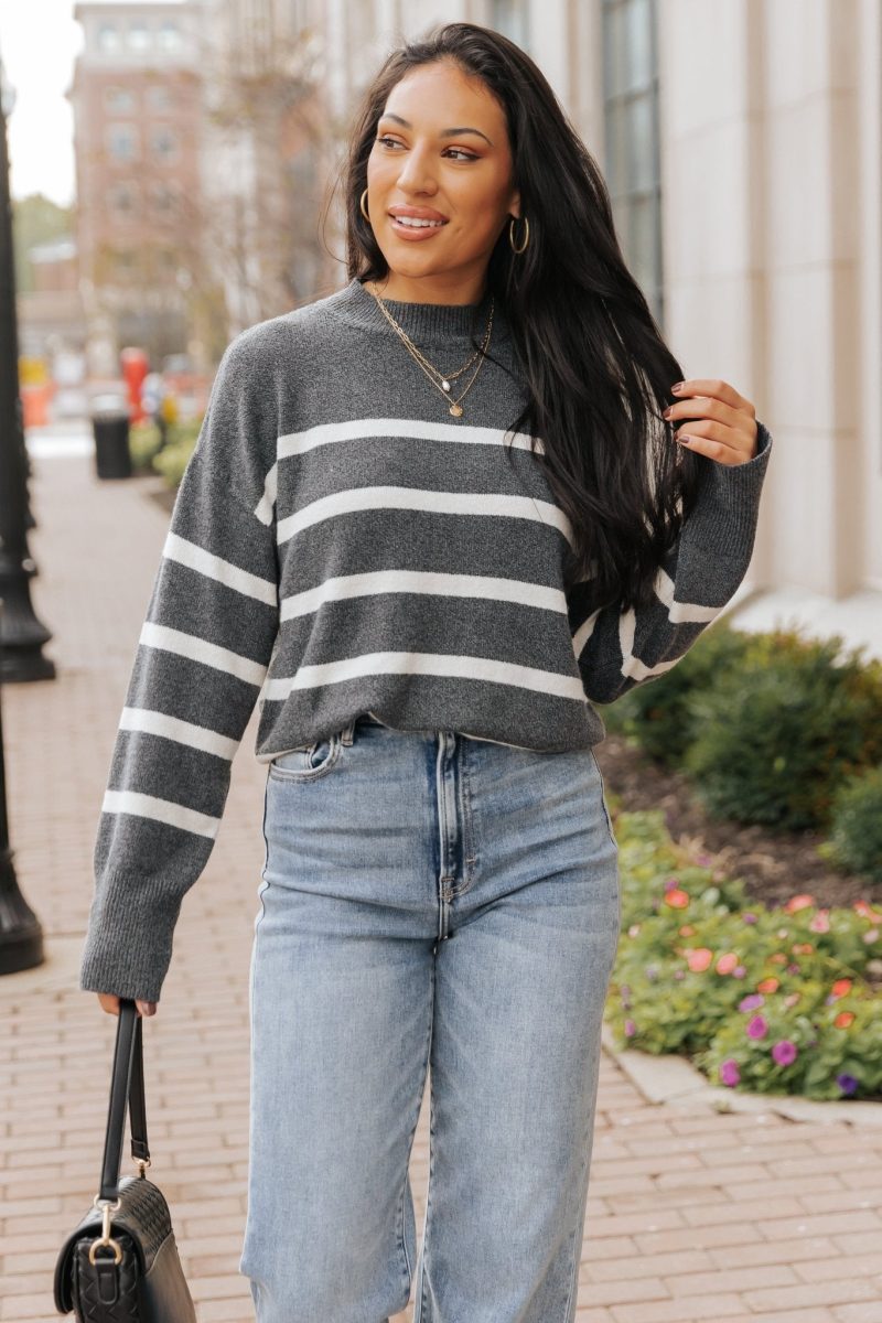 charcoal and cream striped pullover sweater 865793