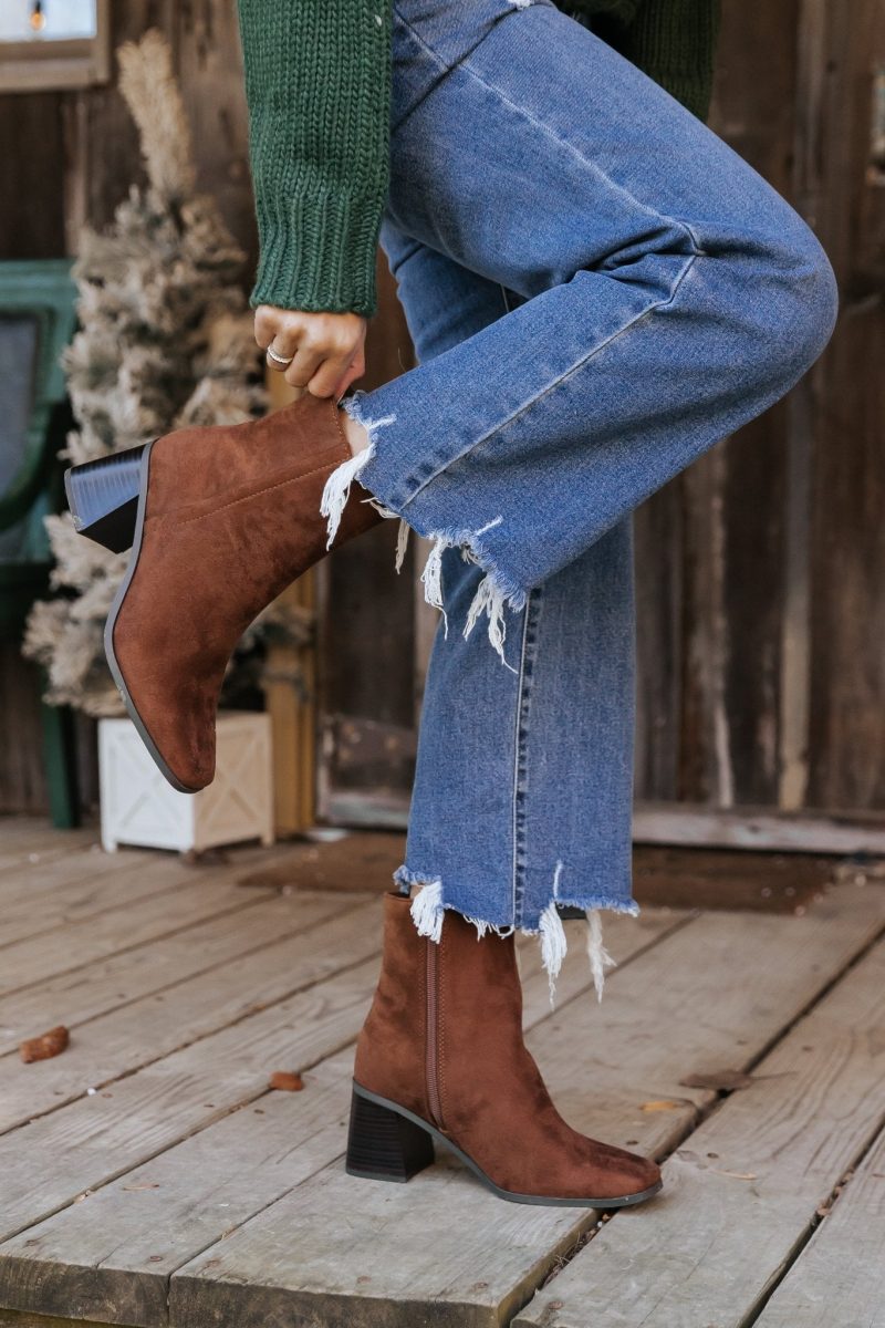 chestnut faux suede heeled ankle booties 283943